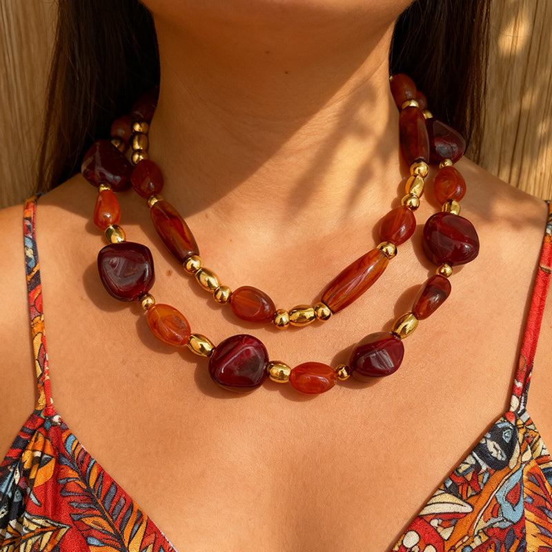 Reddish Brown Irregular Resin Titanium Steel Beaded Necklace