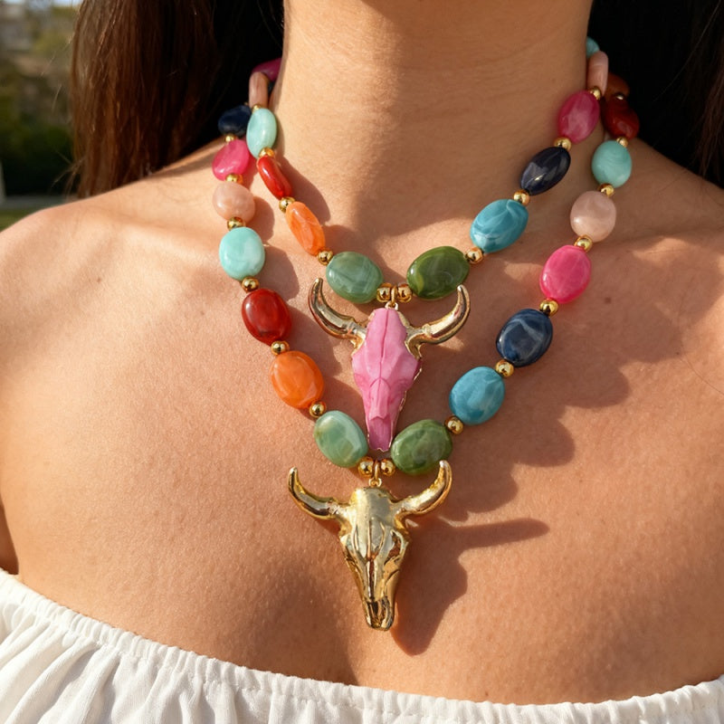 Rose Red Bull Head Glass Titanium Steel Beaded Necklace