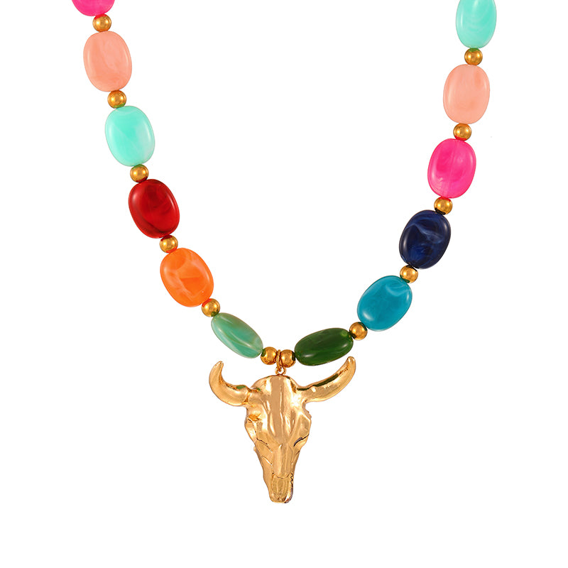 Rose Red Bull Head Glass Titanium Steel Beaded Necklace