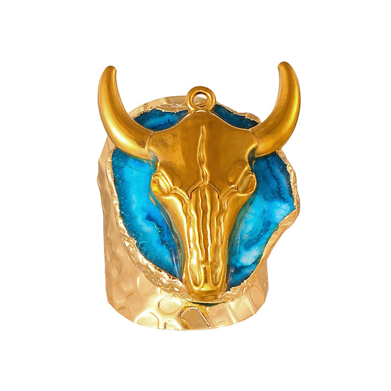 Rose Red Irregular Natural Stone Titanium Steel Bull Head Ring