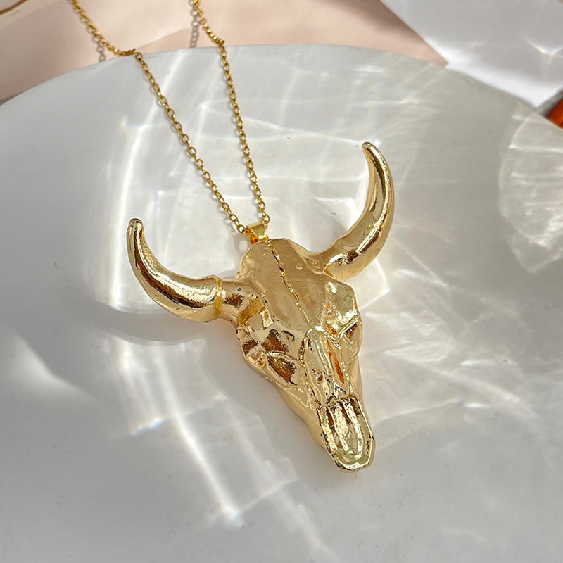 Rose Red Resin Bull Head Titanium Steel Necklace