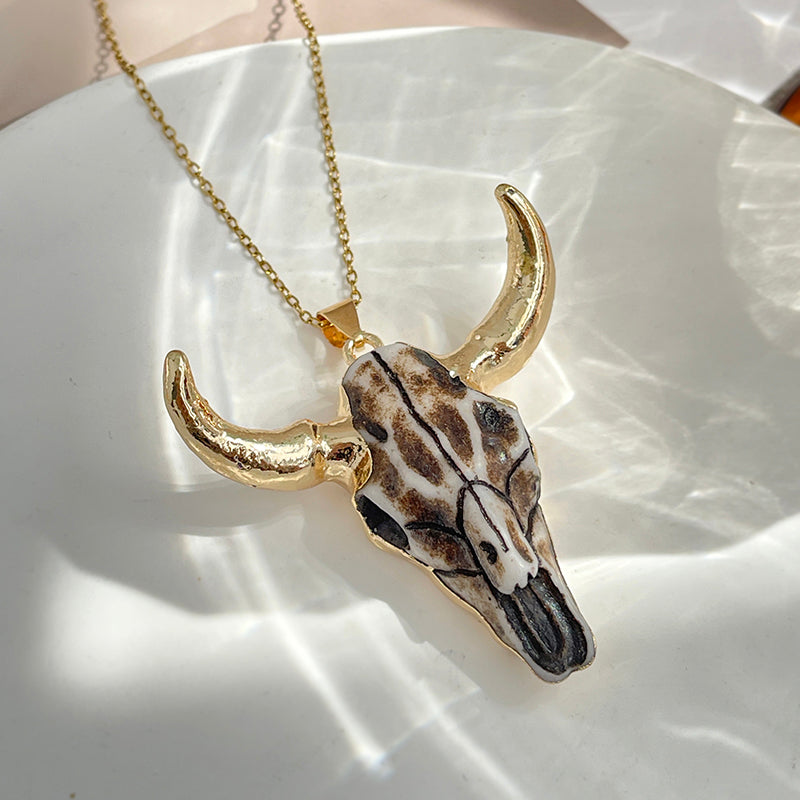 Rose Red Resin Bull Head Titanium Steel Necklace