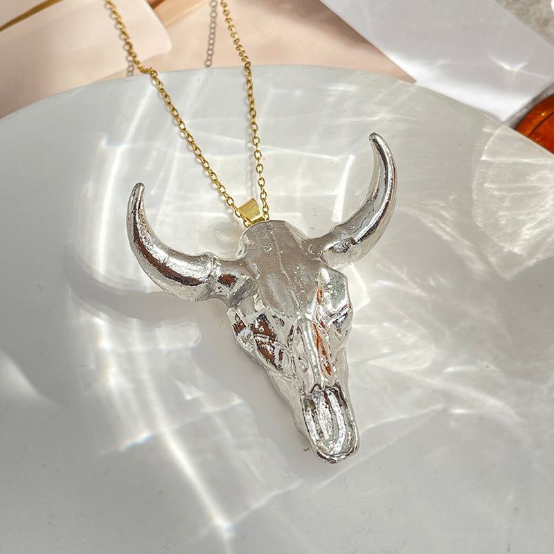 Rose Red Resin Bull Head Titanium Steel Necklace