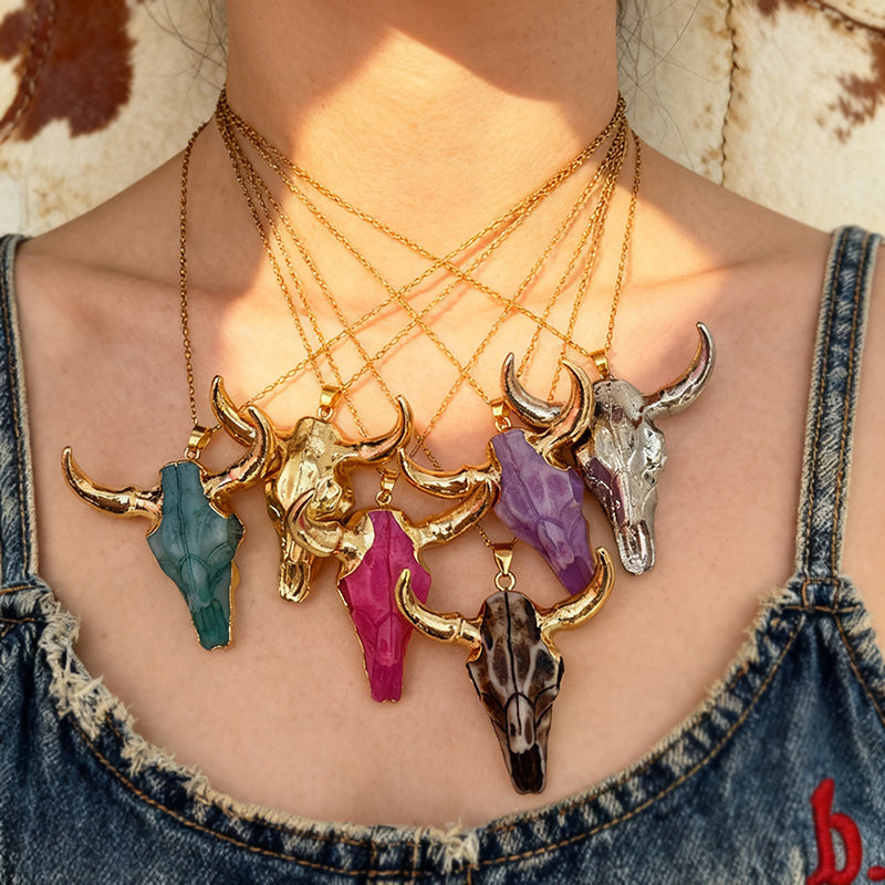 Rose Red Resin Bull Head Titanium Steel Necklace