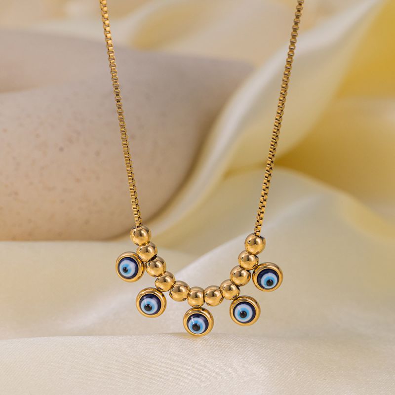 Round Bead Eye Box Chain Necklace Gold Stainless Steel Beaded Round Eye Necklace