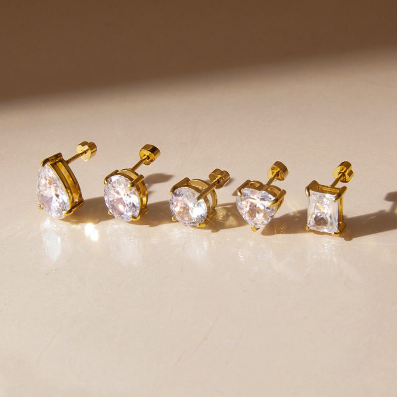 Round Stainless Steel Round Diamond Earrings