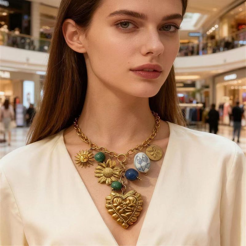 Royal Blue 304 Stainless Steel Heart And Ceramic Flower Necklace