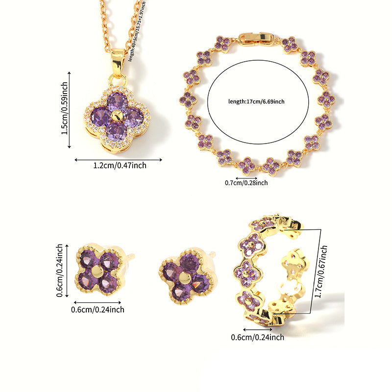 Set 1# Copper And Diamond-encrusted Four-leaf Clover Necklace Bracelet Ring And Earring Set