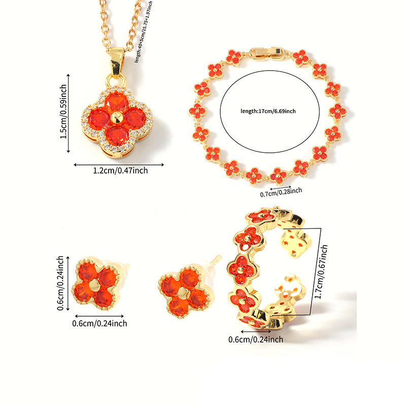 Set 1# Copper And Diamond-encrusted Four-leaf Clover Necklace Bracelet Ring And Earring Set