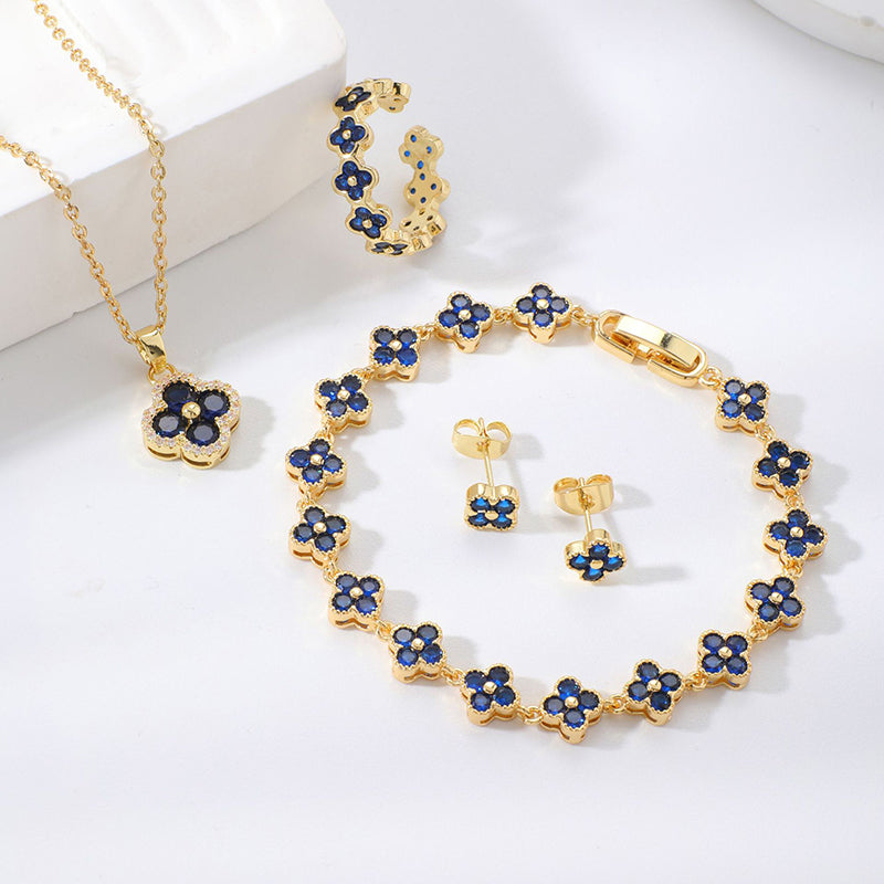 Set 1# Copper And Diamond-encrusted Four-leaf Clover Necklace Bracelet Ring And Earring Set