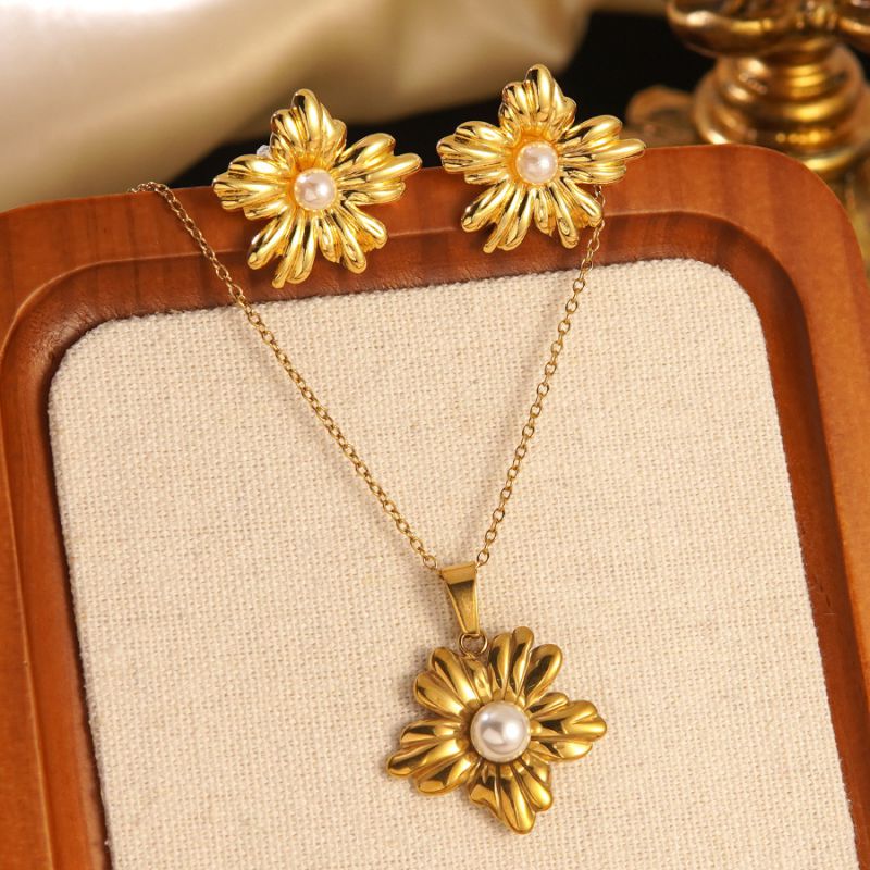 Set 1# Stainless Steel Flower Necklace Earring Set