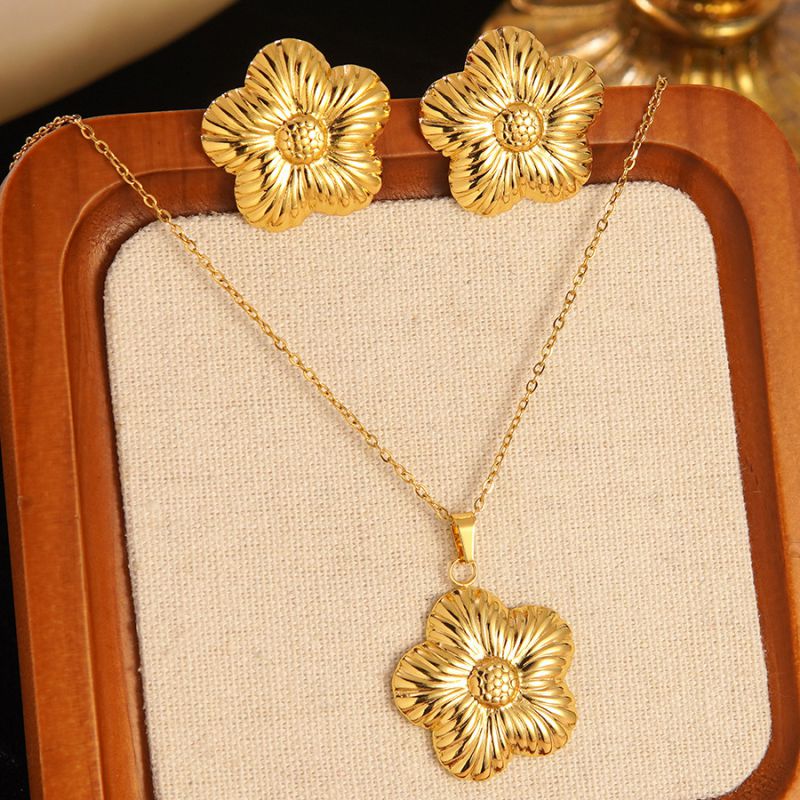 Set 1# Stainless Steel Flower Necklace Earring Set