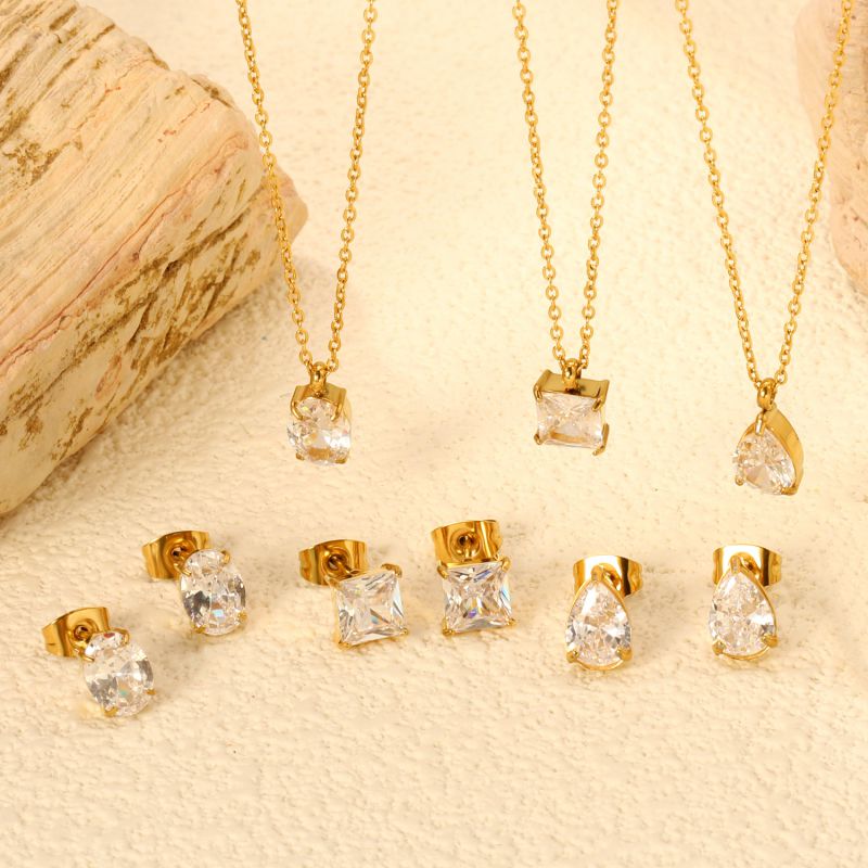 Set 2 Stainless Steel Diamond-encrusted Square Necklace And Earring Set