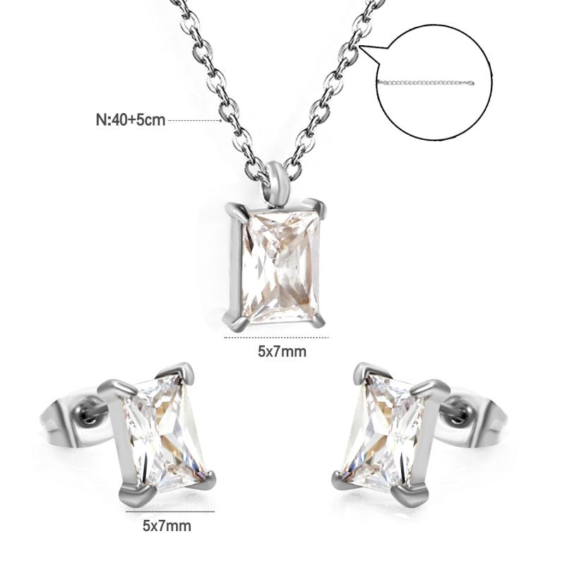 Set 2 Stainless Steel Diamond-encrusted Square Necklace And Earring Set
