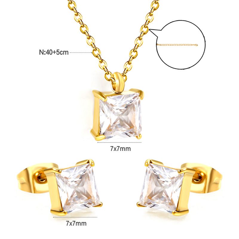 Set 2 Stainless Steel Diamond-encrusted Square Necklace And Earring Set