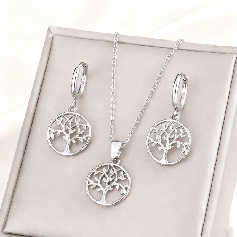 Set Stainless Steel Tree Of Life Necklace And Earring Set