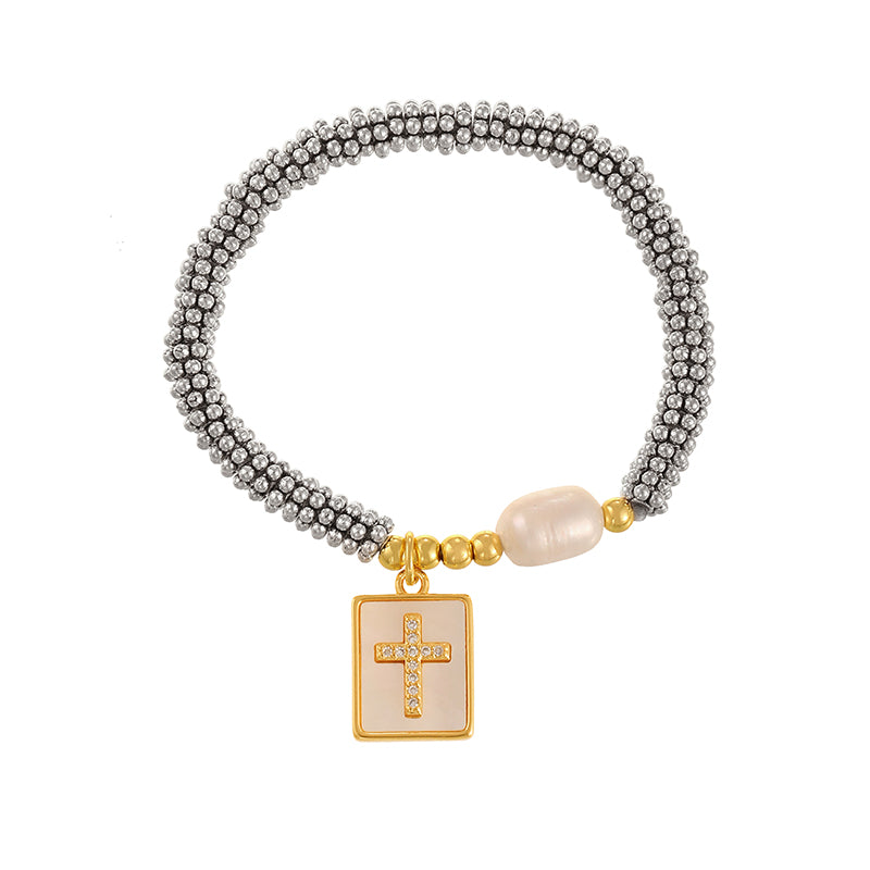 Silver 1 Copper And Zircon Square Cross Freshwater Pearl Beaded Bracelet