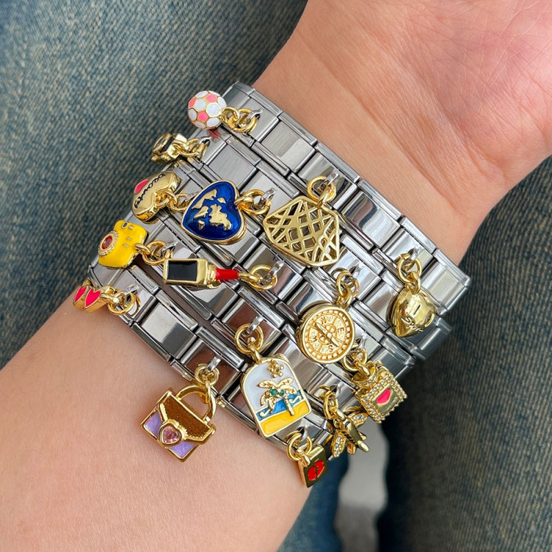 Silver 1 Titanium Steel Inlaid Zirconium Oil Drop Globe World Series Square Module Bracelet