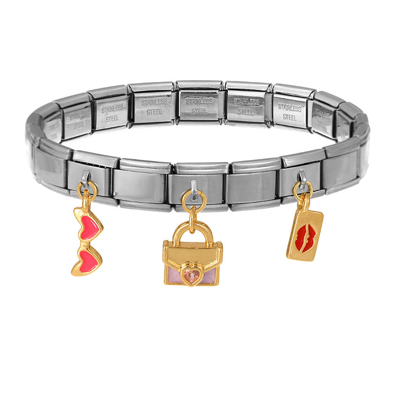 Silver 1 Titanium Steel Inlaid Zirconium Oil Drop Globe World Series Square Module Bracelet