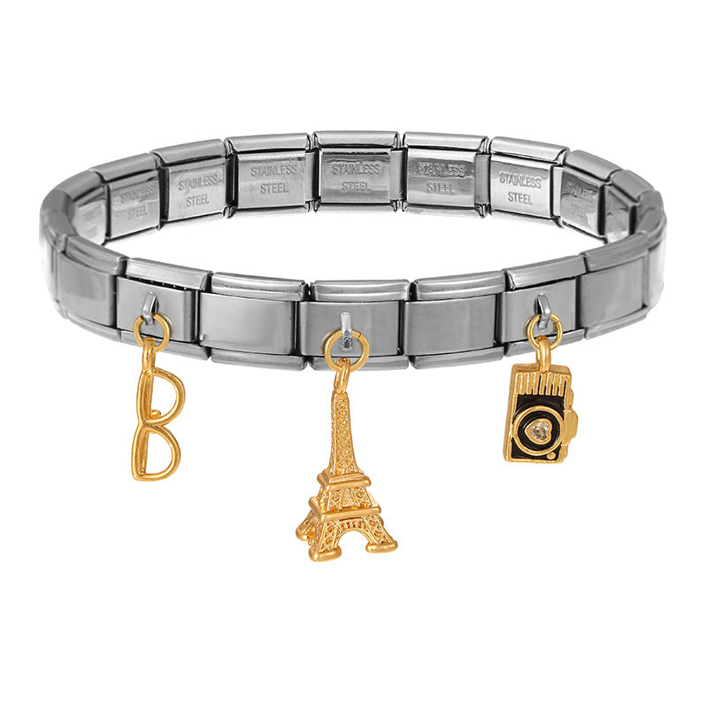 Silver 1 Titanium Steel Inlaid Zirconium Oil Drop Globe World Series Square Module Bracelet