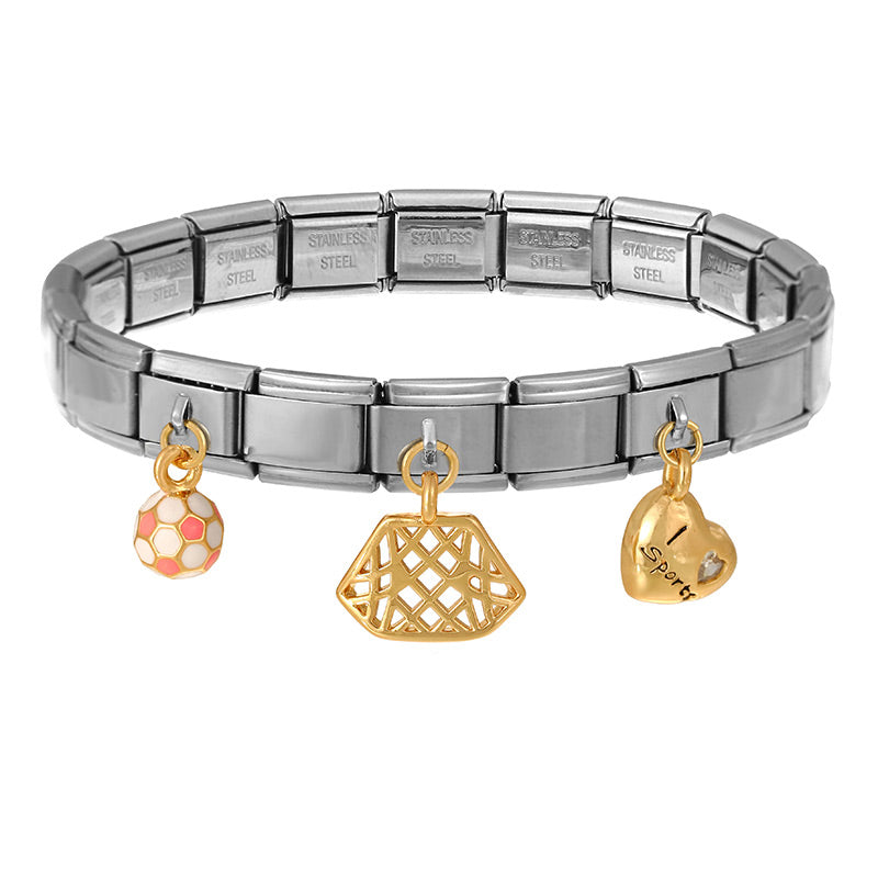 Silver 1 Titanium Steel Inlaid Zirconium Oil Drop Globe World Series Square Module Bracelet