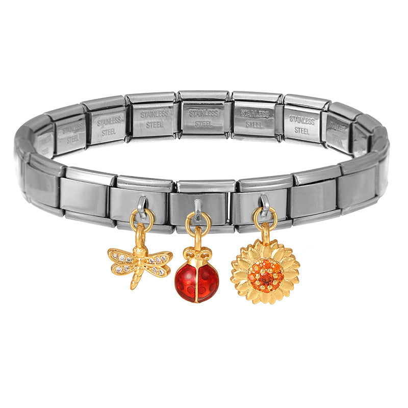 Silver 1 Zirconia-inlaid Ladybug Square Module Bracelet