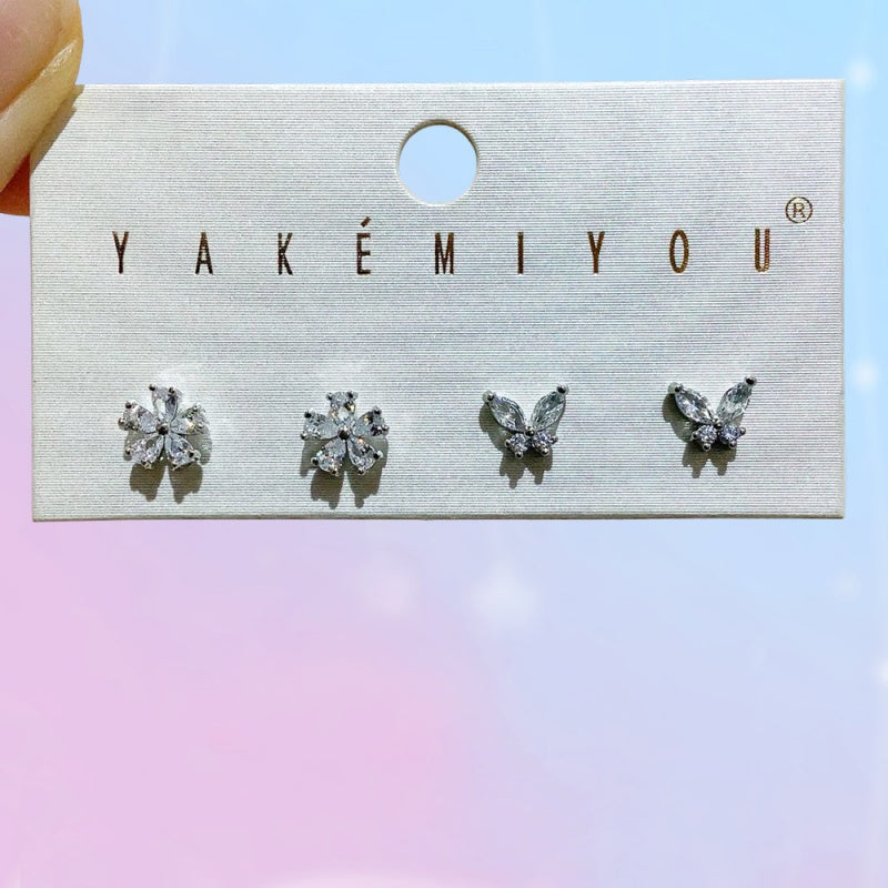 Silver 4-piece Set Of Copper And Zircon Butterfly And Flower Ear Cartilage Studs