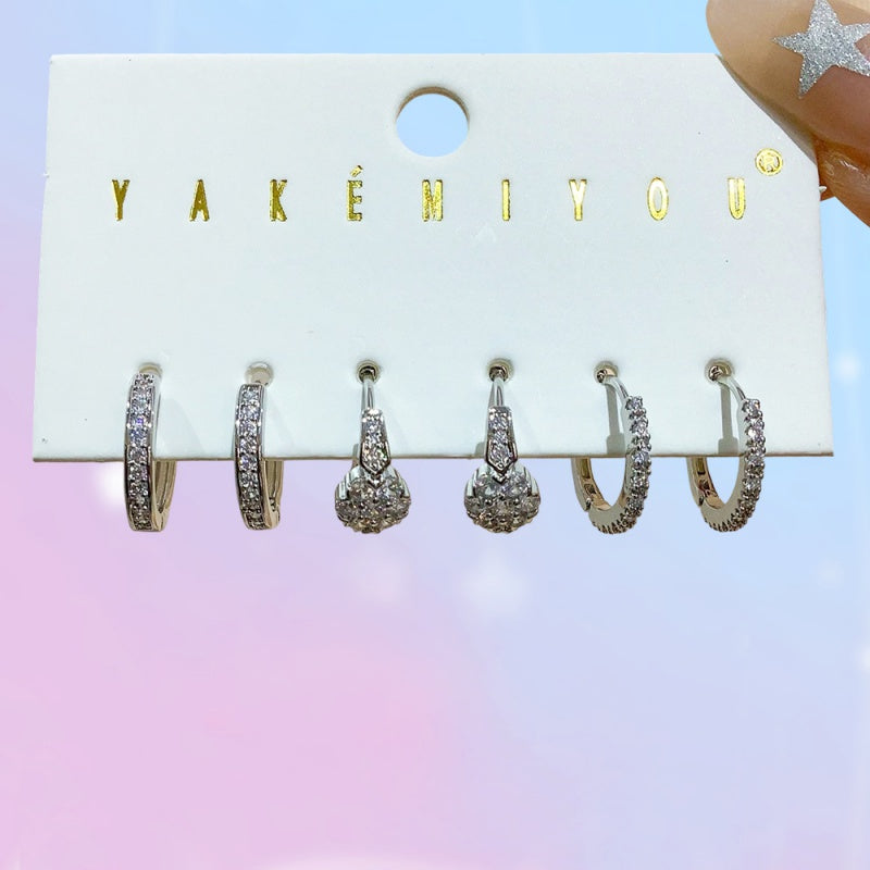 Silver 6-piece Copper And Zircon Geometric Earring Set