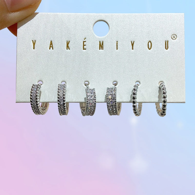 Silver 6-piece Set Of Bronze Round Hoop Earrings Inlaid With Zircon