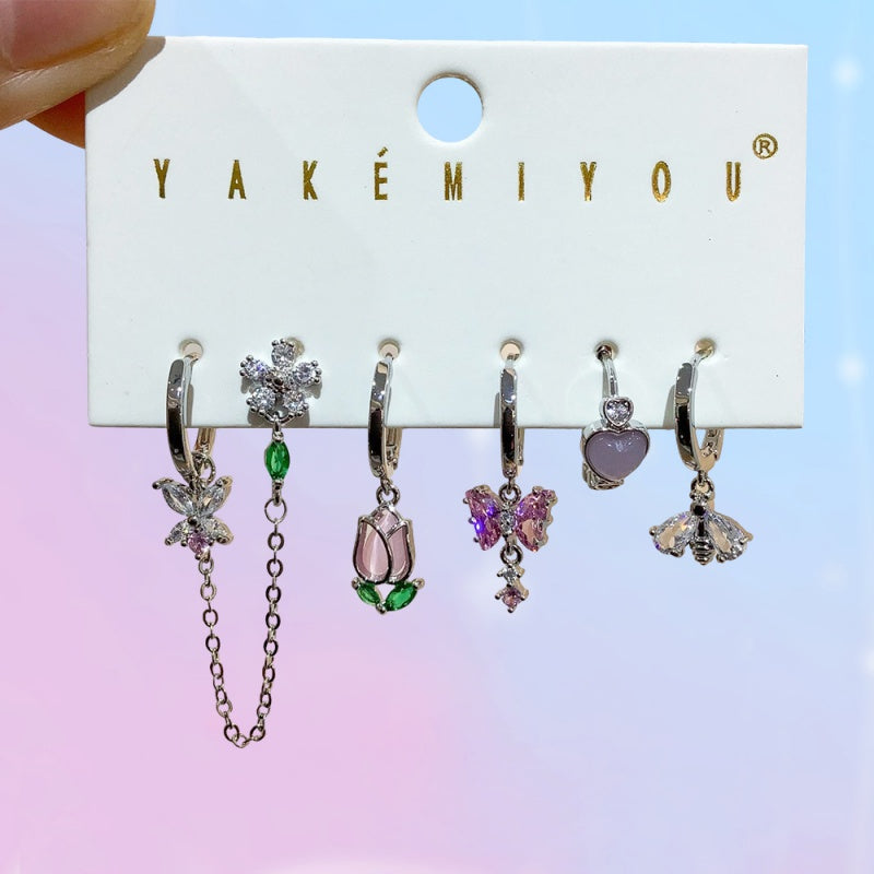 Silver 6-piece Set Of Copper And Zircon-set Butterfly And Flower Chain Earrings