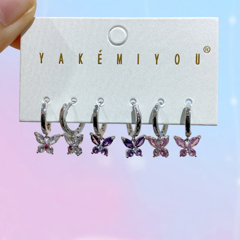 Silver 6-piece Set Of Copper Butterfly Earrings Inlaid With Zircon