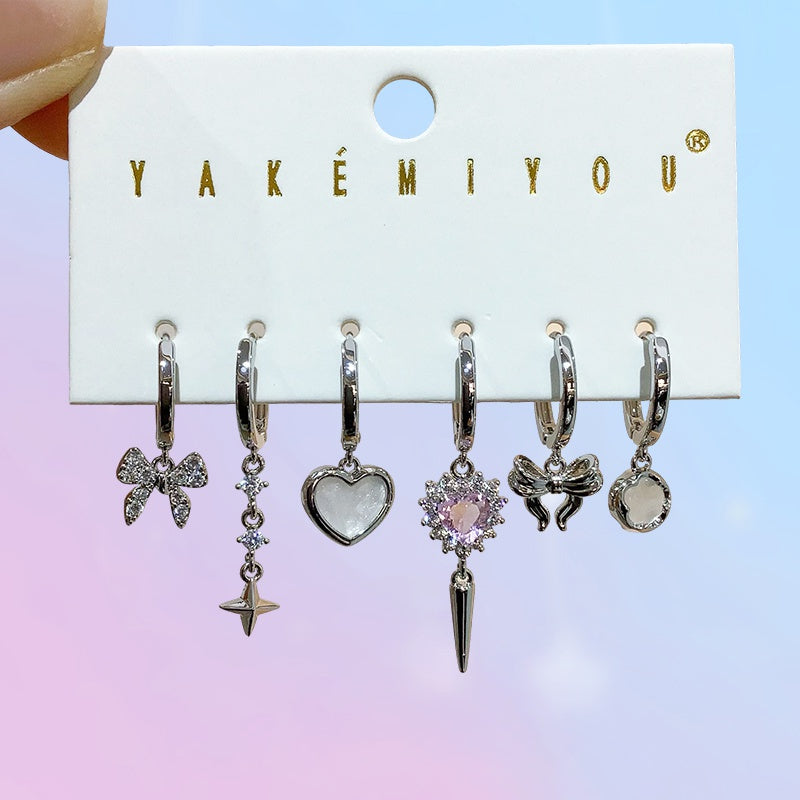 Silver 6-piece Set Of Copper-set Zircon Heart-shaped Bow Earrings