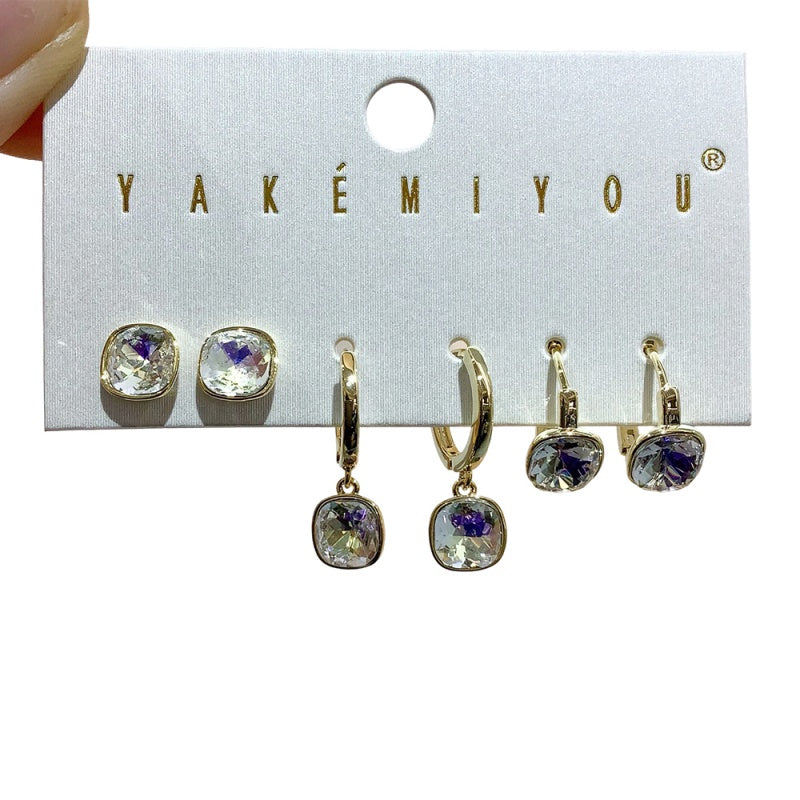 Silver 6-piece Set Of Square Copper Earrings Inlaid With Zircon