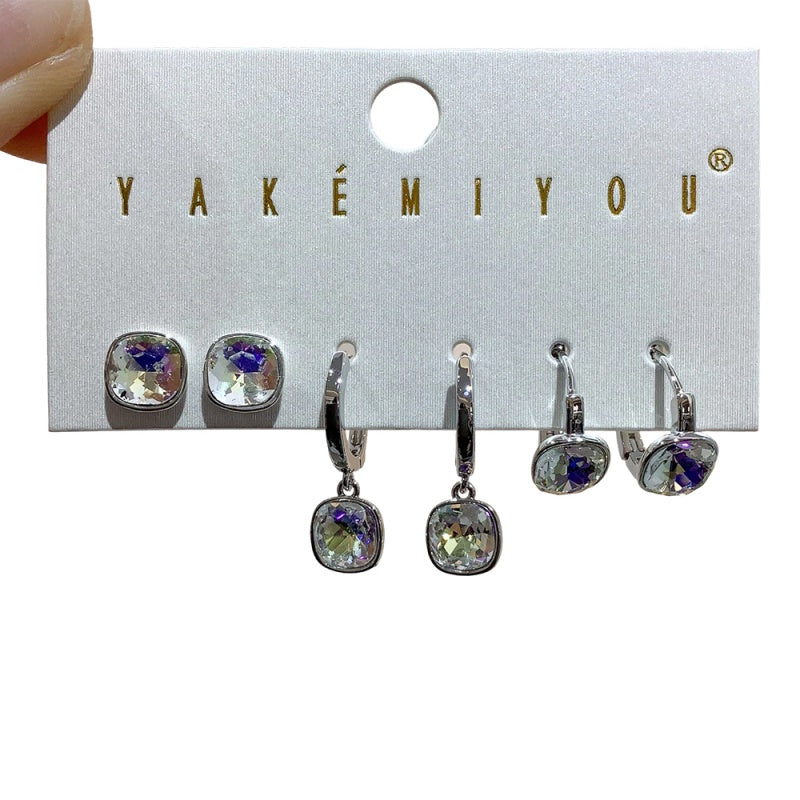 Silver 6-piece Set Of Square Copper Earrings Inlaid With Zircon