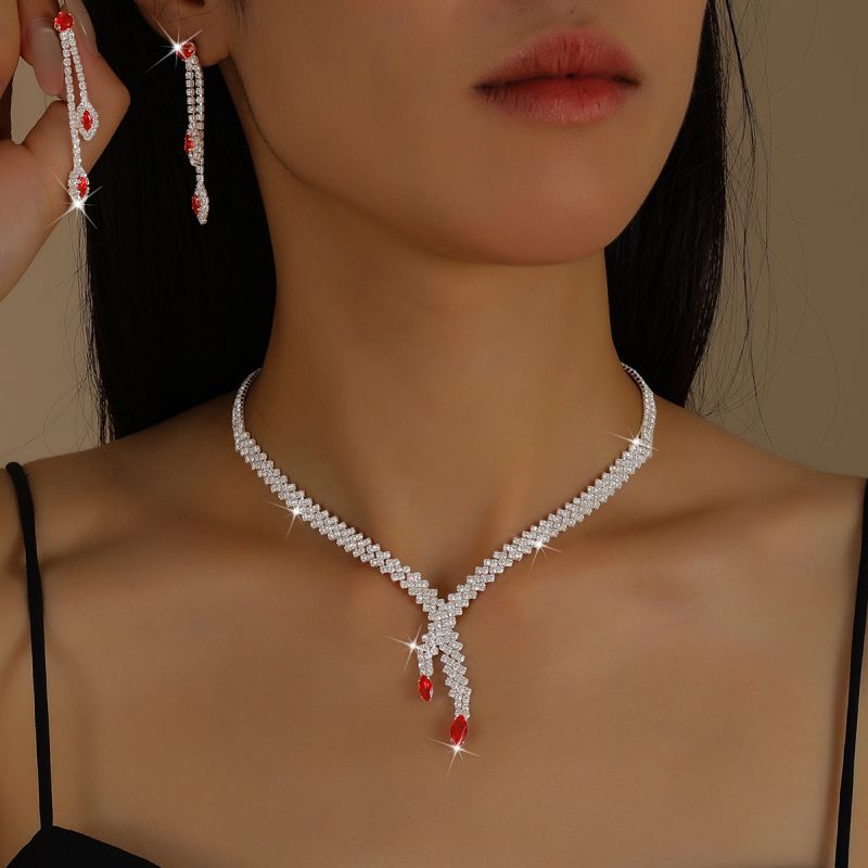 Silver And Red Two-piece Set Alloy Diamond Claw Chain Necklace And Earring Set