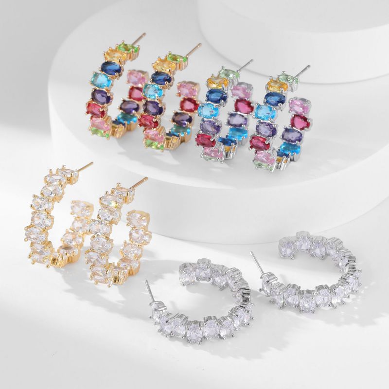 Silver Colored Diamonds Copper Oval Diamond Hoop Earrings