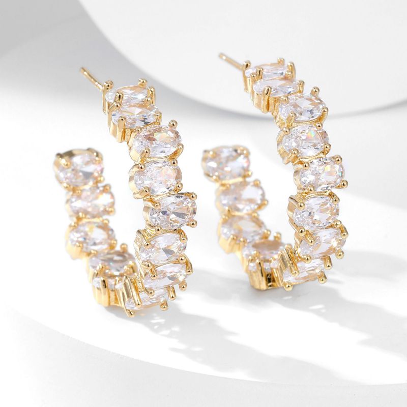 Silver Colored Diamonds Copper Oval Diamond Hoop Earrings