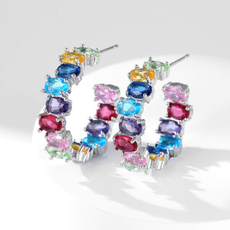 Silver Colored Diamonds Copper Oval Diamond Hoop Earrings