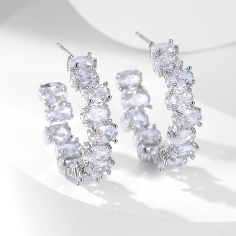 Silver Colored Diamonds Copper Oval Diamond Hoop Earrings