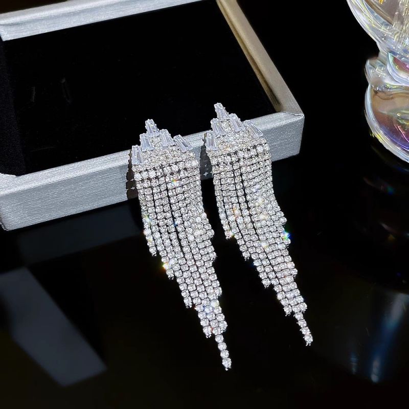 Silver Copper Diamond Claw Chain Earrings