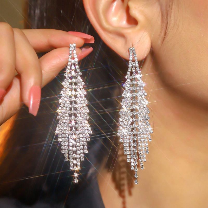 Silver Copper Diamond Tassel Earrings