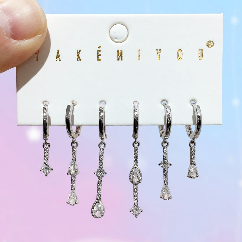 Silver Copper Inlaid Zircon Teardrop Pendant Earrings 6-piece Set