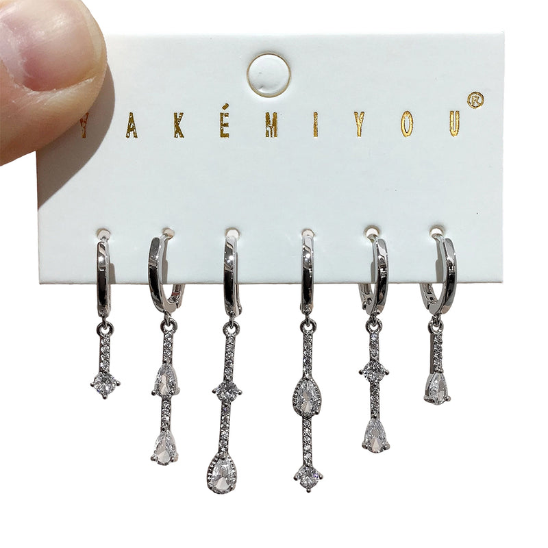 Silver Copper Inlaid Zircon Teardrop Pendant Earrings 6-piece Set