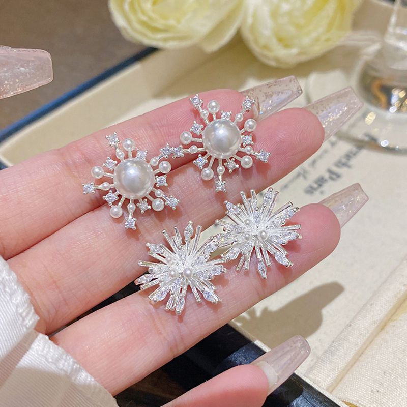 Silver Copper Snowflake Pearl Earrings