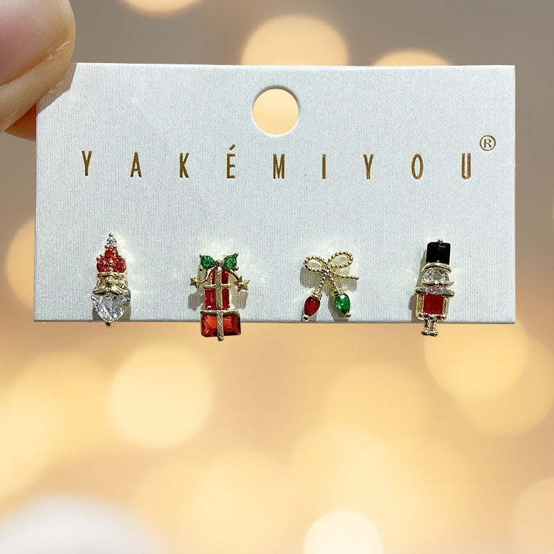 Silver Copper-set Zircon Christmas Earring Set (4 Pieces)