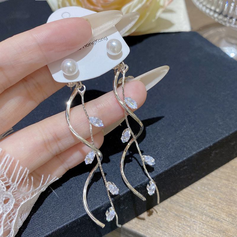 Silver Diamond-encrusted Leaf Earrings