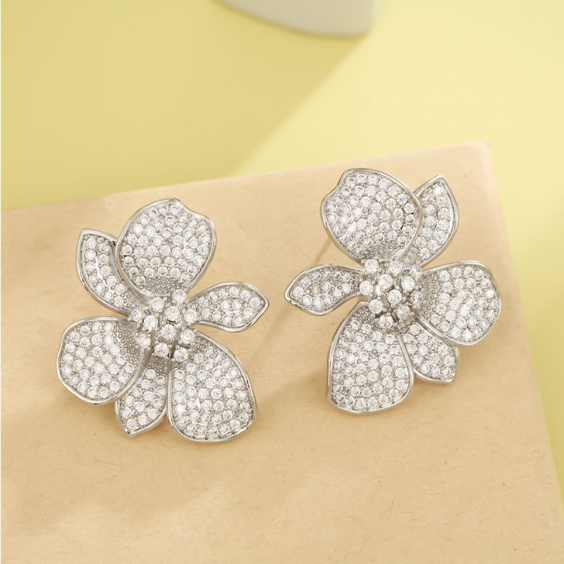 Silver Rose Copper And Diamond-encrusted Flower Earrings