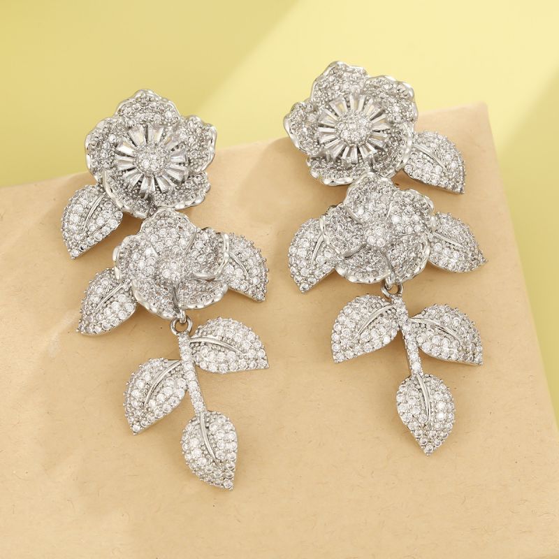 Silver Rose Copper And Diamond-encrusted Flower Earrings