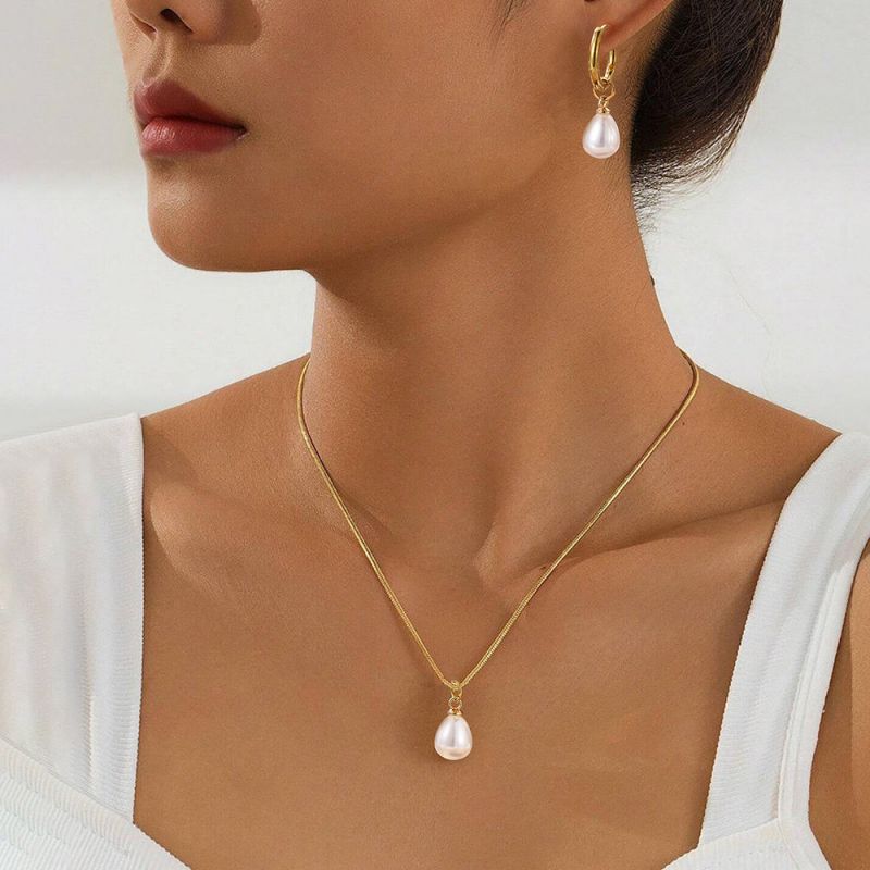 Silver Stainless Steel Pearl Necklace Earring Set