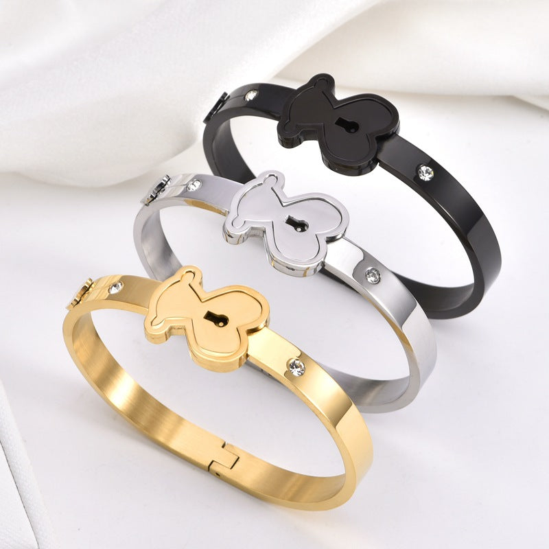 Silver Two-piece Set Stainless Steel Bear Lock Bracelet Necklace Set